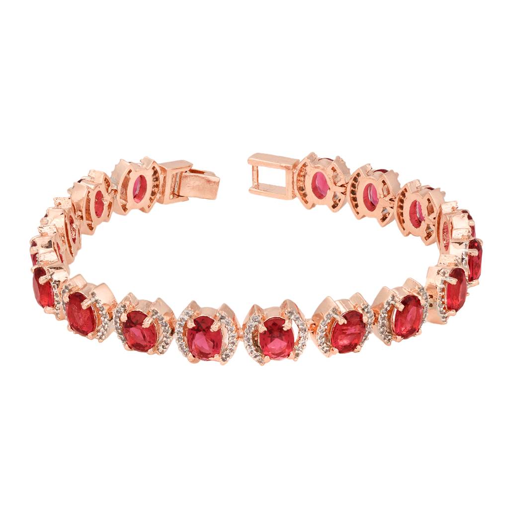 Rose Gold Plated Oval Pink Ruby Ad Studded Handcrafted Tennis Bracelet For Her : SJBR1351