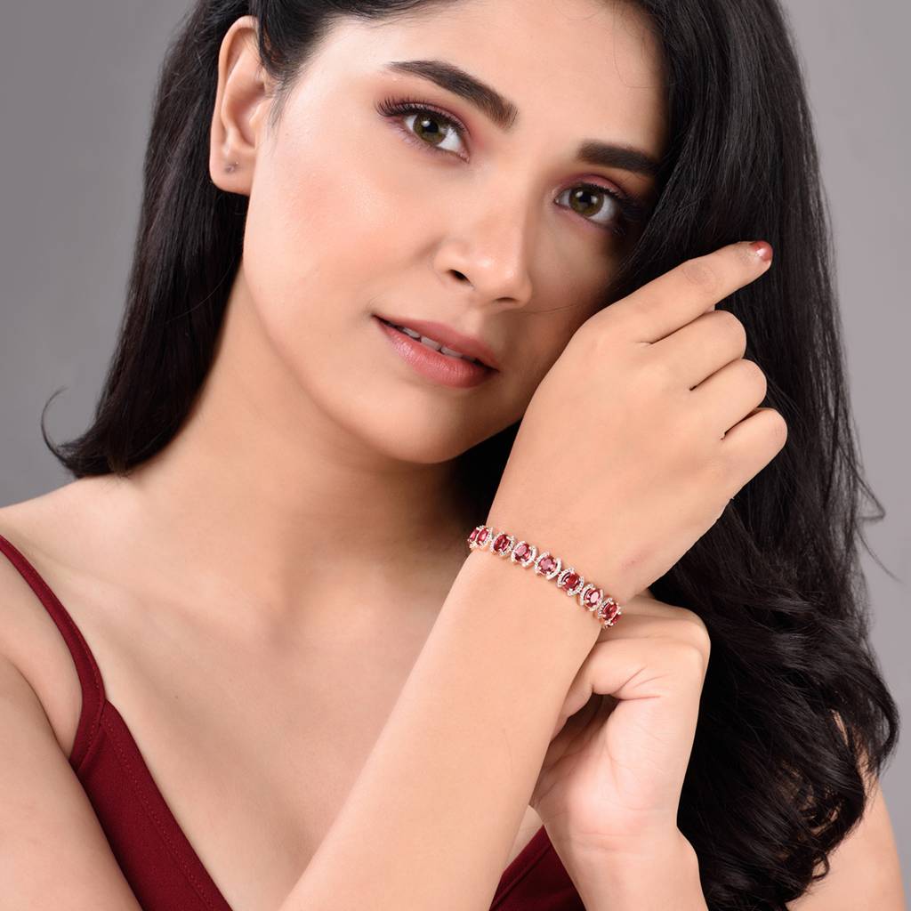 Rose Gold Plated Oval Pink Ruby Ad Studded Handcrafted Tennis Bracelet For Her : SJBR1351