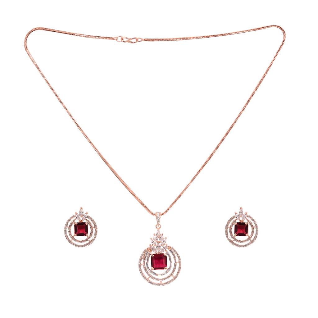 Rose Gold Plated Pink Ruby Studded Circle Pendant Locket Set With Earrings And Chain : SJLK1354