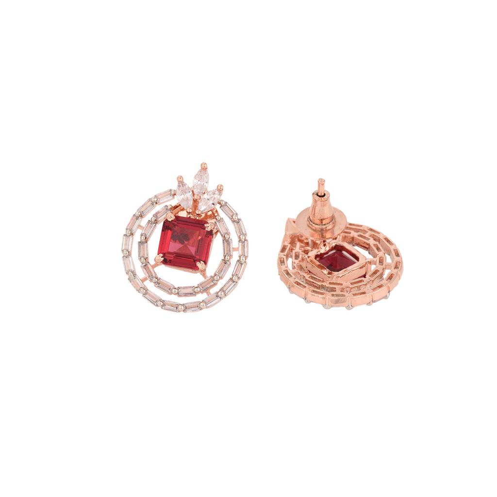 Rose Gold Plated Pink Ruby Studded Circle Pendant Locket Set With Earrings And Chain : SJLK1354