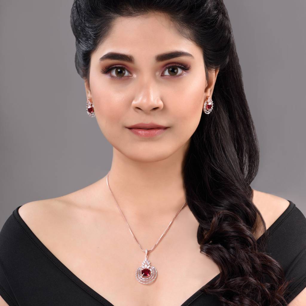 Rose Gold Plated Pink Ruby Studded Circle Pendant Locket Set With Earrings And Chain : SJLK1354