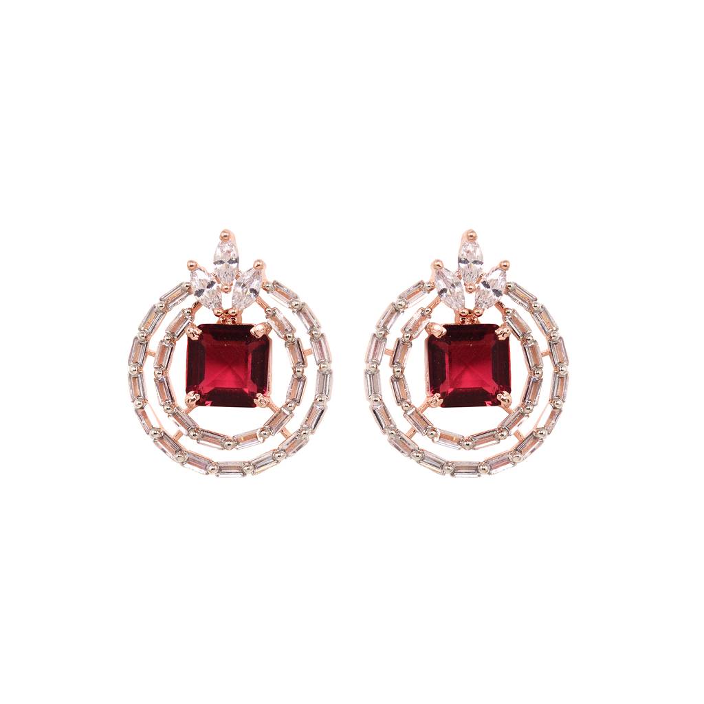 Rose Gold Plated Pink Ruby Studded Circle Pendant Locket Set With Earrings And Chain : SJLK1354
