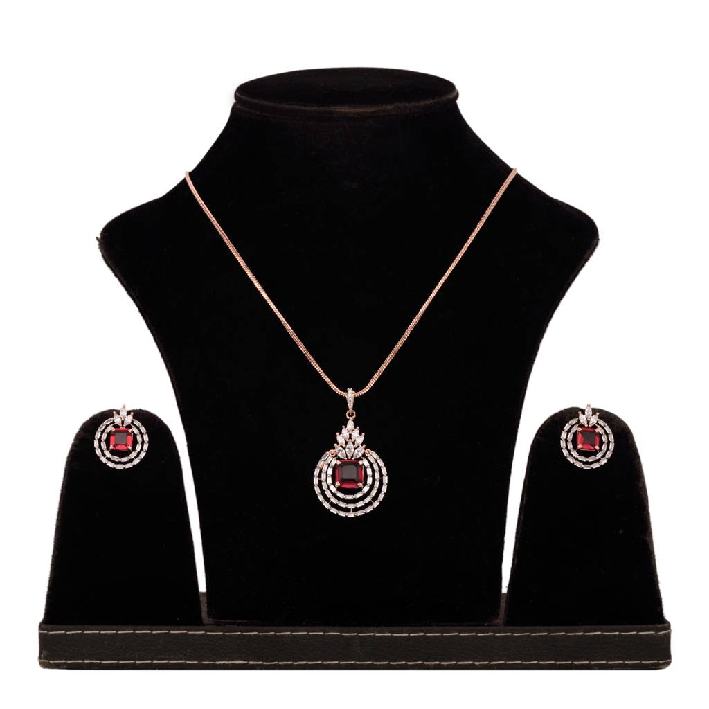 Rose Gold Plated Pink Ruby Studded Circle Pendant Locket Set With Earrings And Chain : SJLK1354