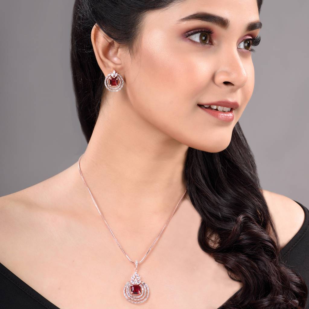 Rose Gold Plated Pink Ruby Studded Circle Pendant Locket Set With Earrings And Chain : SJLK1354