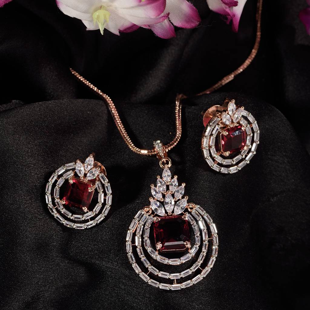 Rose Gold Plated Pink Ruby Studded Circle Pendant Locket Set With Earrings And Chain : SJLK1354