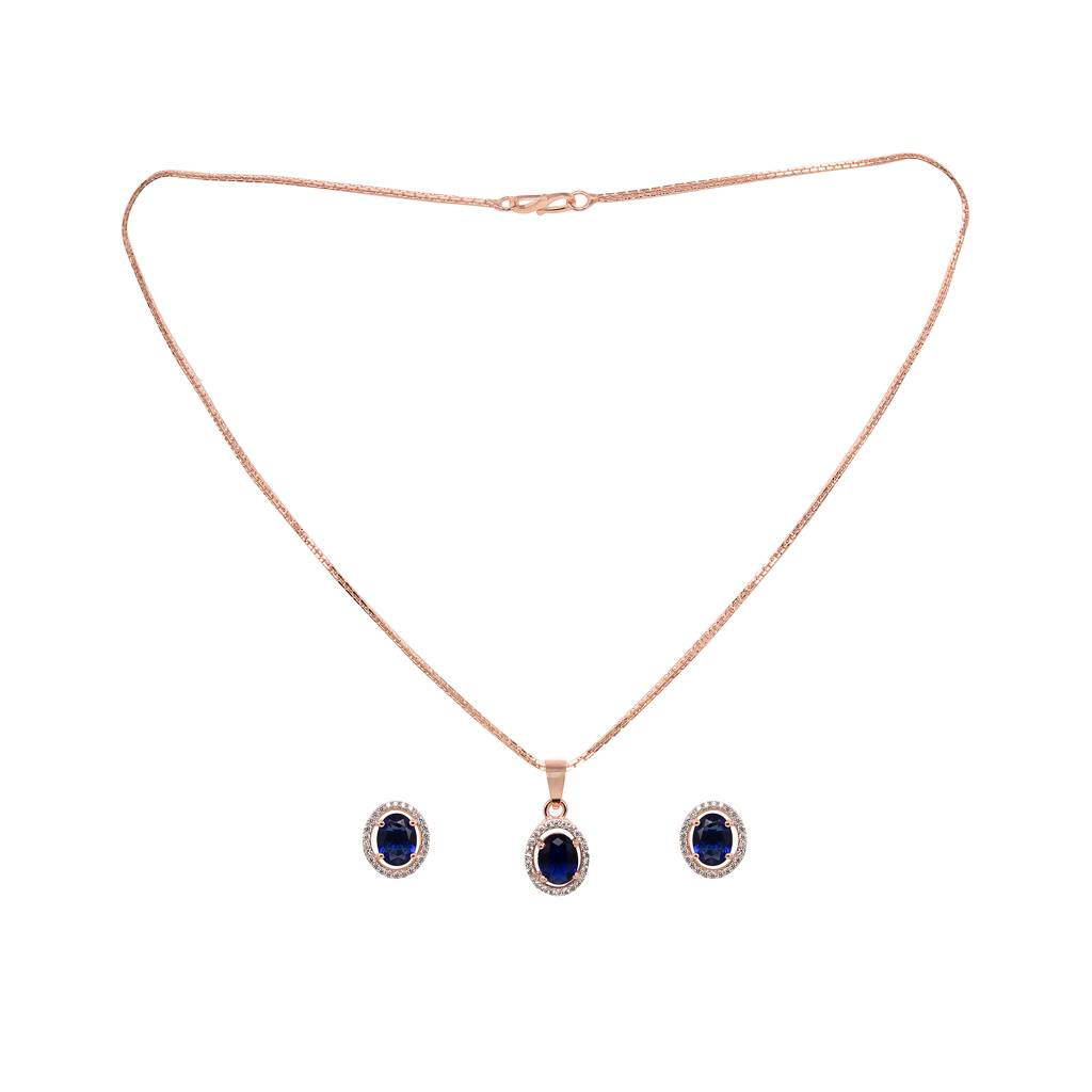 Rose Gold Plated Blue Ad Solitaire Pendant Locket Set With Earrings And Chain : SJLK1355