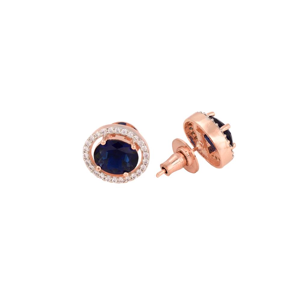 Rose Gold Plated Blue Ad Solitaire Pendant Locket Set With Earrings And Chain : SJLK1355
