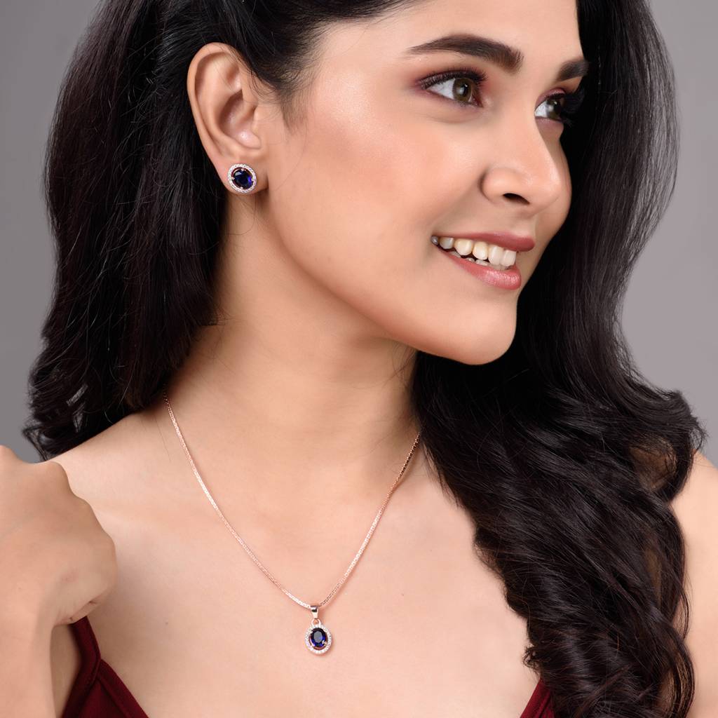 Rose Gold Plated Blue Ad Solitaire Pendant Locket Set With Earrings And Chain : SJLK1355