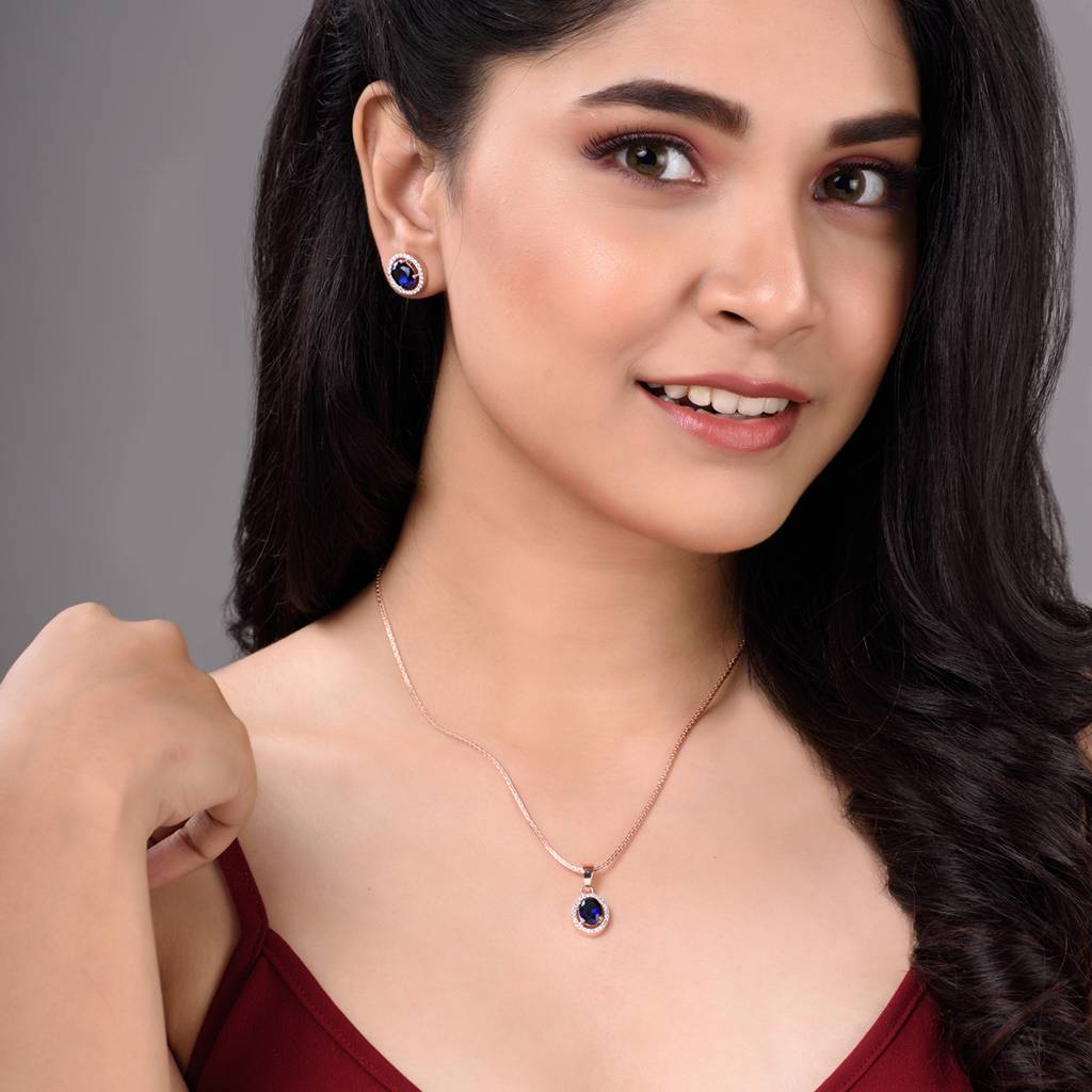 Rose Gold Plated Blue Ad Solitaire Pendant Locket Set With Earrings And Chain : SJLK1355