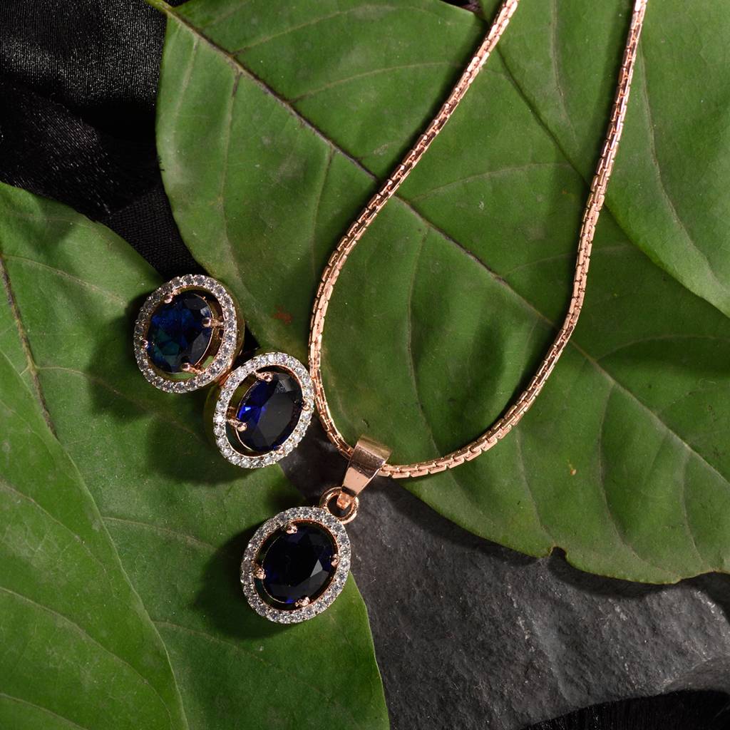 Rose Gold Plated Blue Ad Solitaire Pendant Locket Set With Earrings And Chain : SJLK1355
