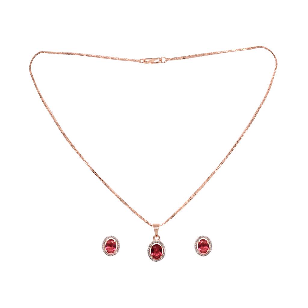 Rose Gold Plated Radiant Red Ad Solitaire Pendant Locket Set With Earrings And Chain : SJLK1356