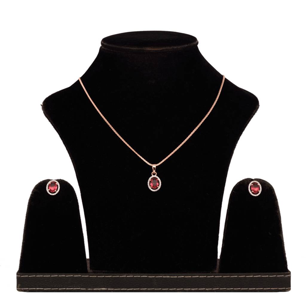 Rose Gold Plated Radiant Red Ad Solitaire Pendant Locket Set With Earrings And Chain : SJLK1356