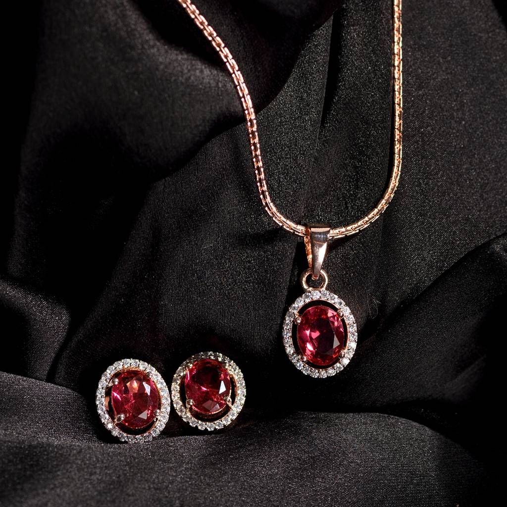 Rose Gold Plated Radiant Red Ad Solitaire Pendant Locket Set With Earrings And Chain : SJLK1356