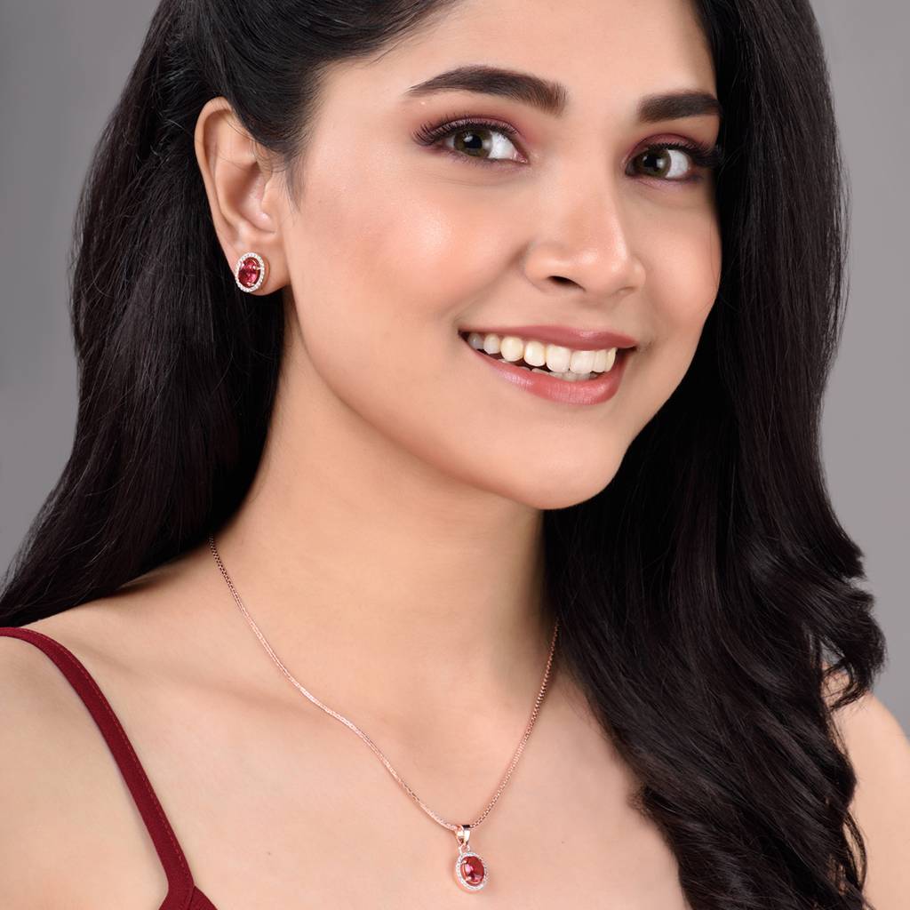 Rose Gold Plated Radiant Red Ad Solitaire Pendant Locket Set With Earrings And Chain : SJLK1356