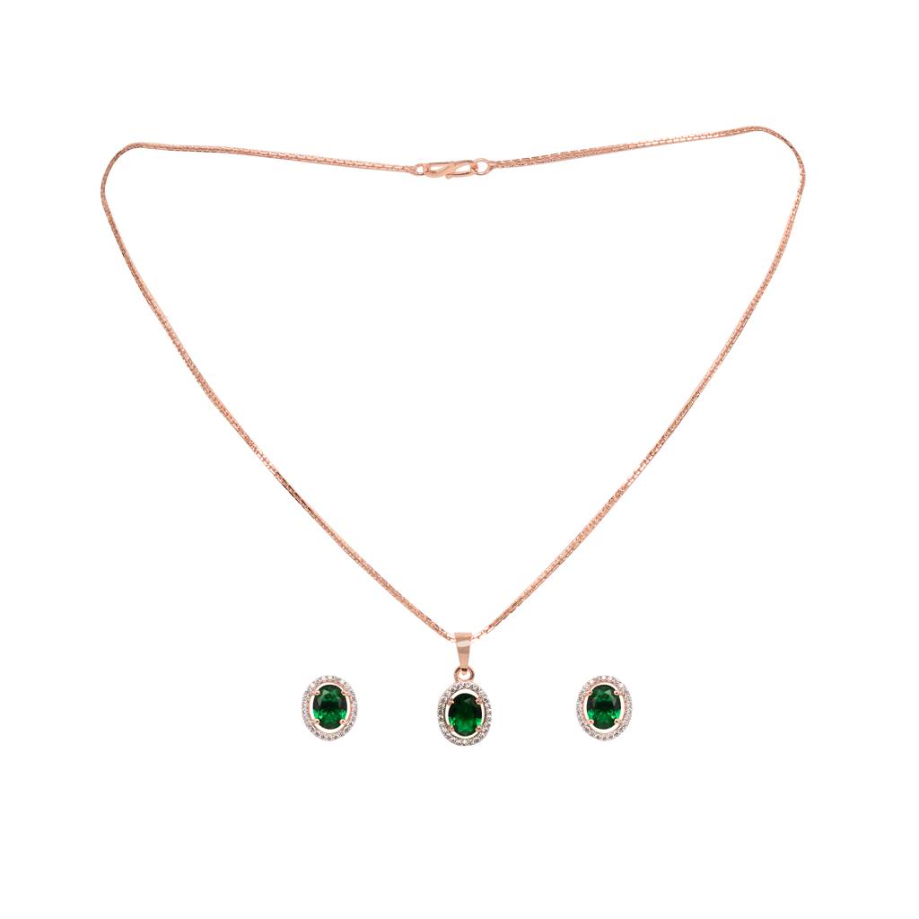 Rose Gold Plated Emarald Green Ad Solitaire Pendant Locket Set With Earrings And Chain : SJLK1357