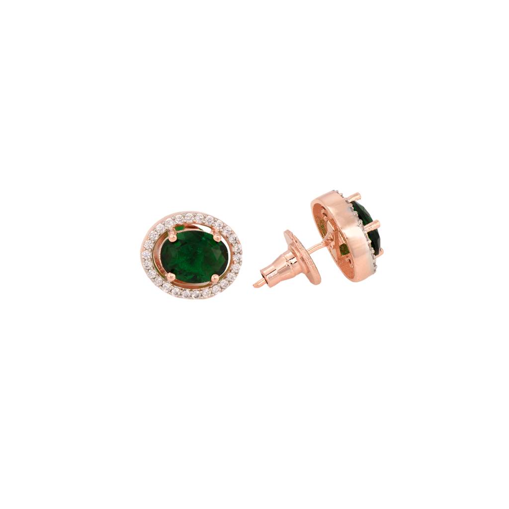 Rose Gold Plated Emarald Green Ad Solitaire Pendant Locket Set With Earrings And Chain : SJLK1357