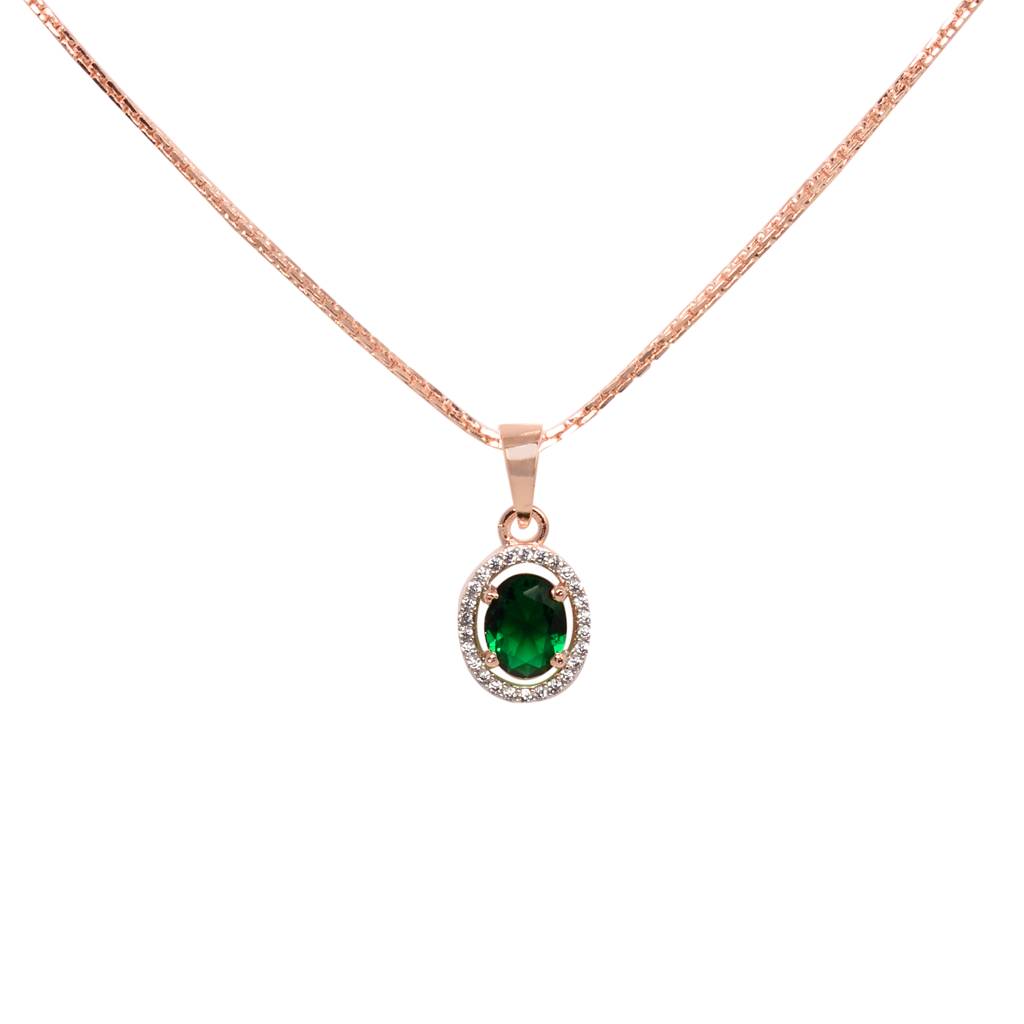 Rose Gold Plated Emarald Green Ad Solitaire Pendant Locket Set With Earrings And Chain : SJLK1357