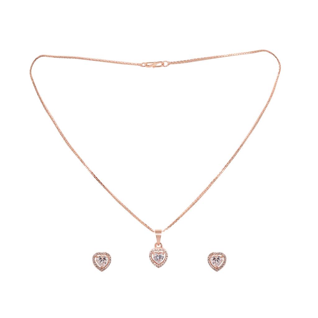 Rose Gold Plated White Ad Studded Heart Shaped Pendant With Chain And Earrings : SJLK1358