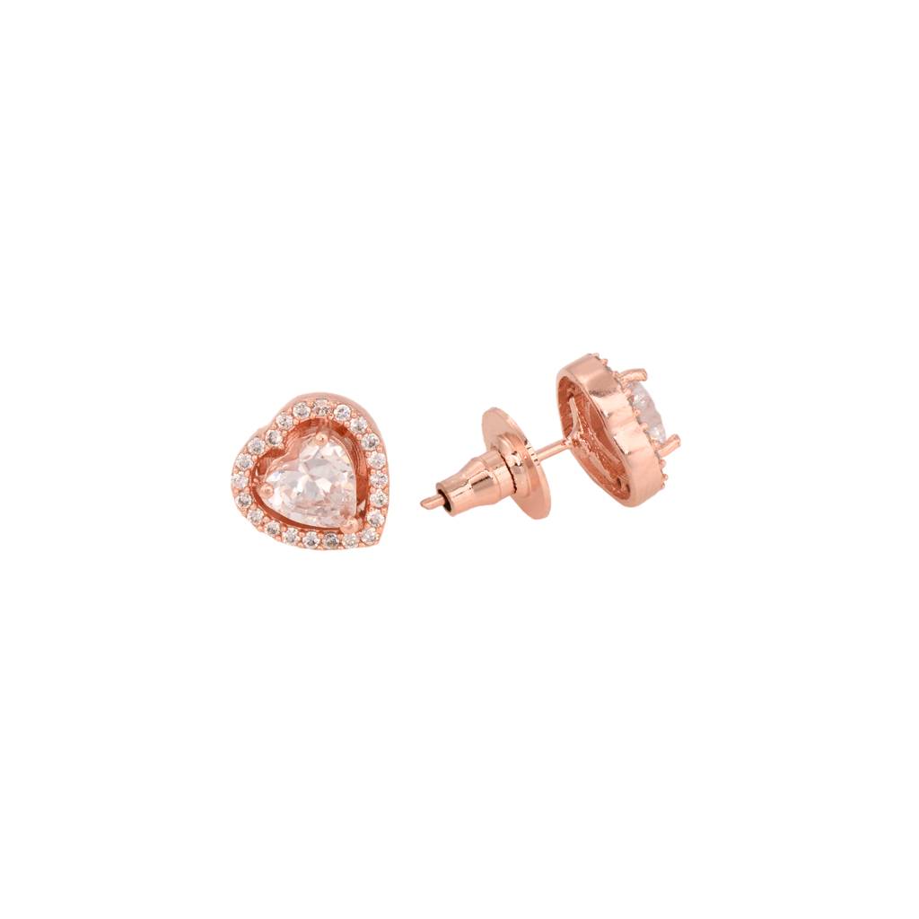 Rose Gold Plated White Ad Studded Heart Shaped Pendant With Chain And Earrings : SJLK1358