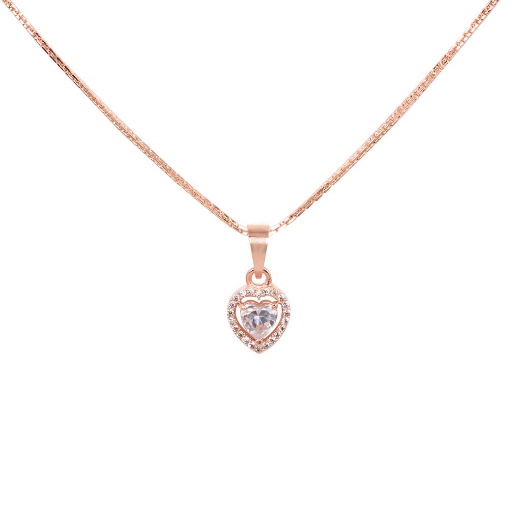 Rose Gold Plated White Ad Studded Heart Shaped Pendant With Chain And Earrings : SJLK1358