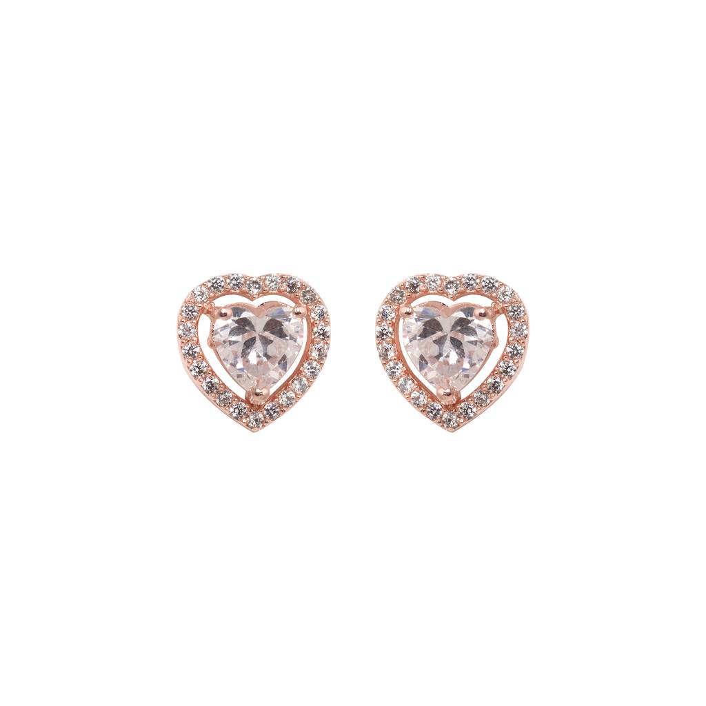 Rose Gold Plated White Ad Studded Heart Shaped Pendant With Chain And Earrings : SJLK1358