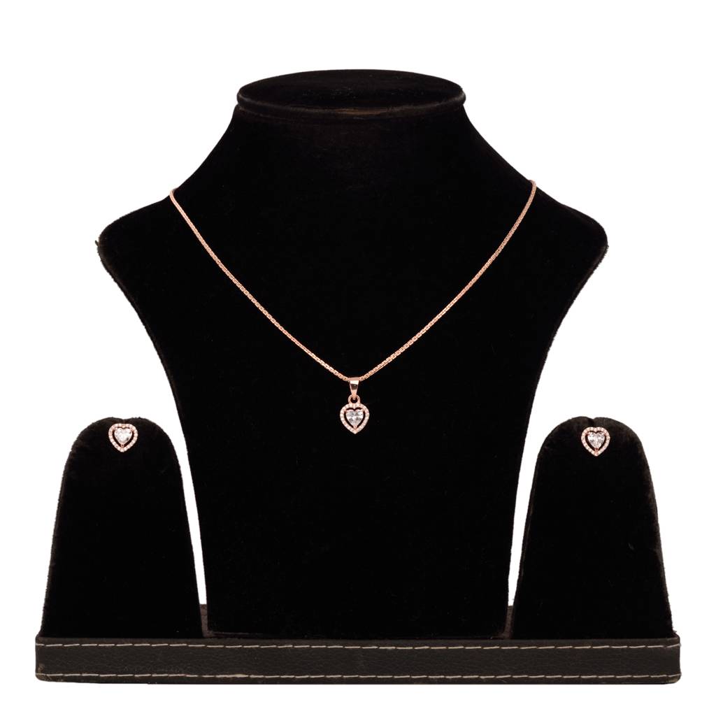 Rose Gold Plated White Ad Studded Heart Shaped Pendant With Chain And Earrings : SJLK1358