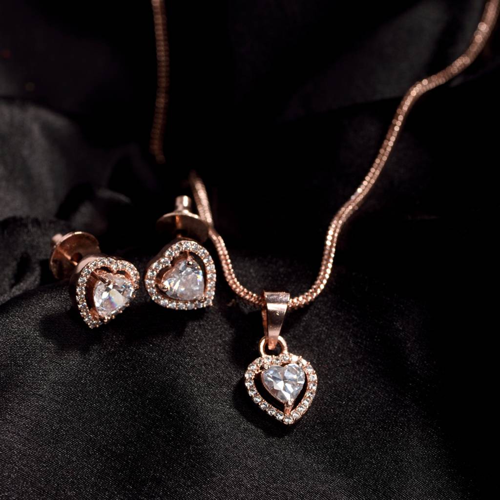 Rose Gold Plated White Ad Studded Heart Shaped Pendant With Chain And Earrings : SJLK1358