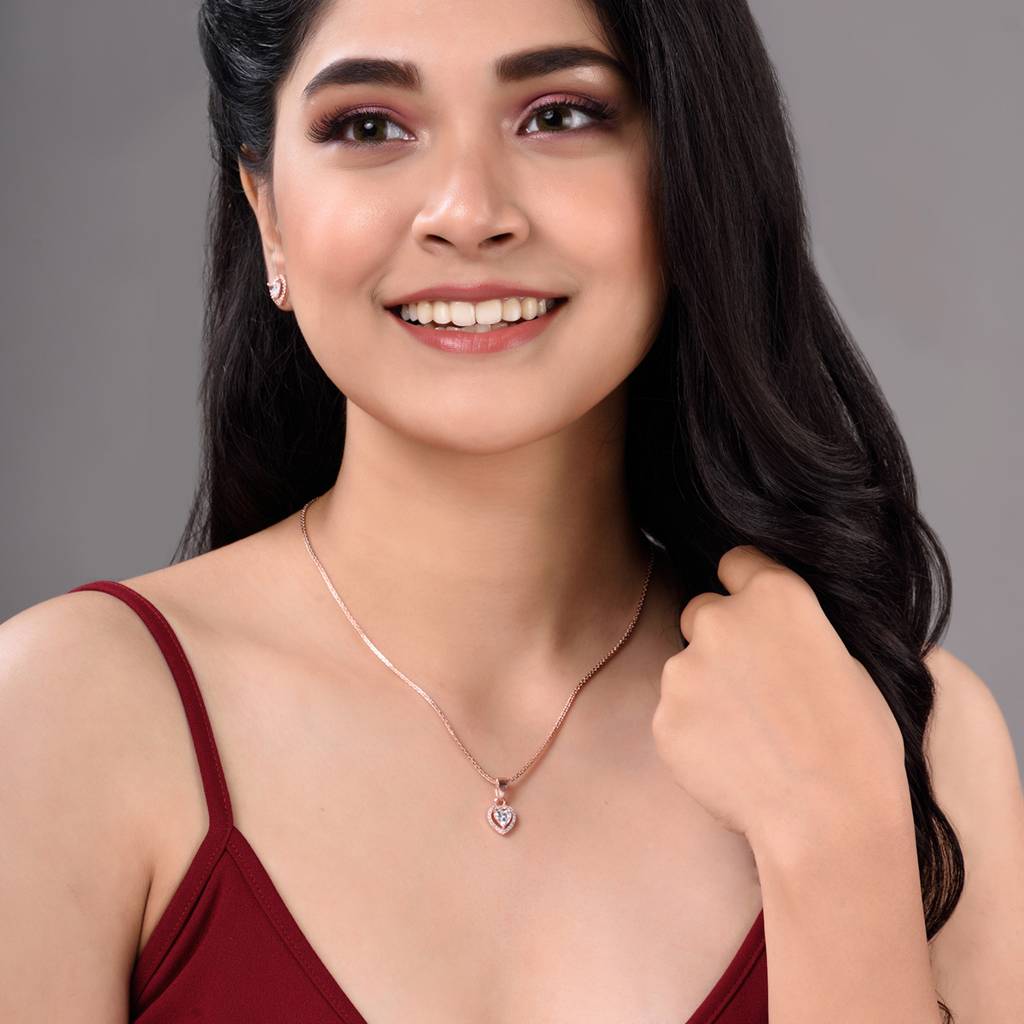 Rose Gold Plated White Ad Studded Heart Shaped Pendant With Chain And Earrings : SJLK1358