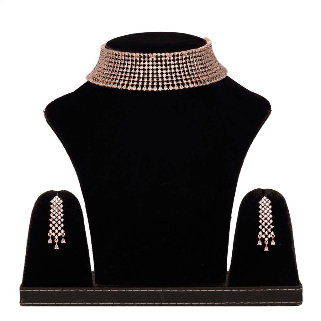 Rose Gold Plated White Ad Studded Designer Choker Jewellery Set With Earrings : SJNK1360