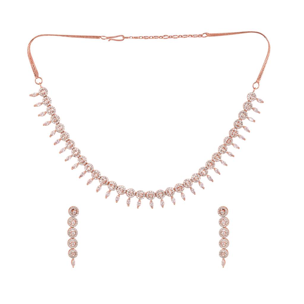 Rose Gold Plated White Ad Studded Handcrafted Contemporary Jewellery Set With Dropdown Earrings : SJNK1362