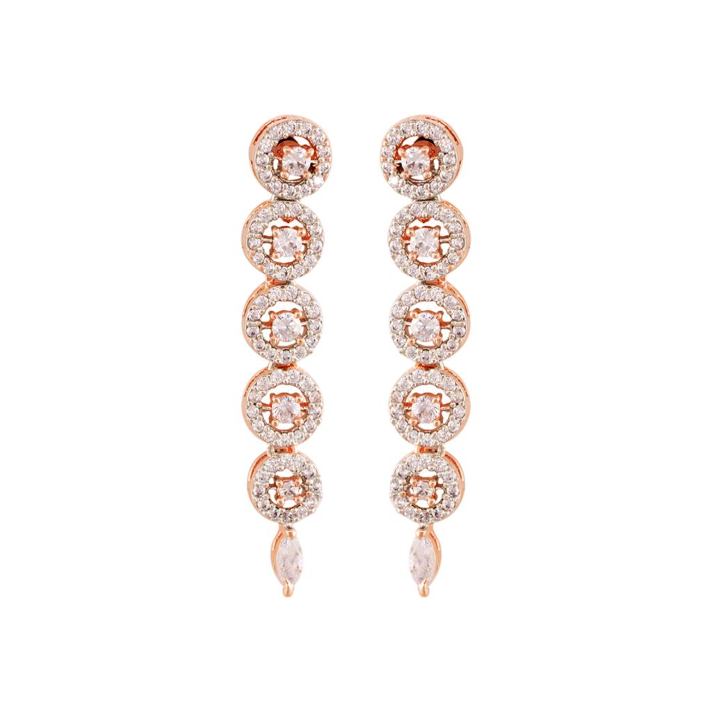 Rose Gold Plated White Ad Studded Handcrafted Contemporary Jewellery Set With Dropdown Earrings : SJNK1362