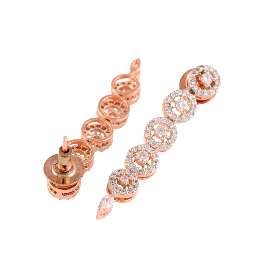 Rose Gold Plated White Ad Studded Handcrafted Contemporary Jewellery Set With Dropdown Earrings : SJNK1362
