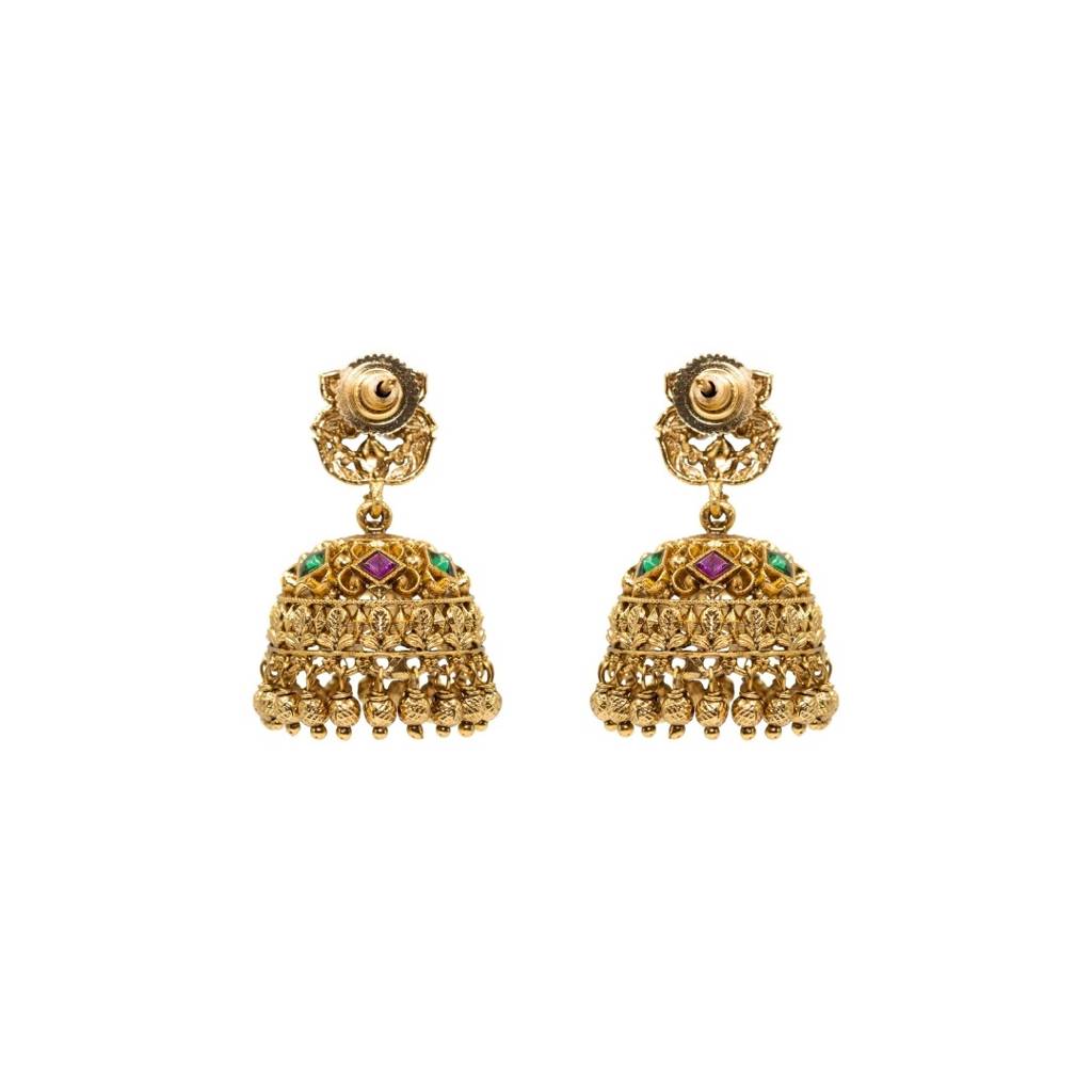 South Indian Temple Jewellery Bridal Jhumka Earrings In Antique Gold Finish : R-1297