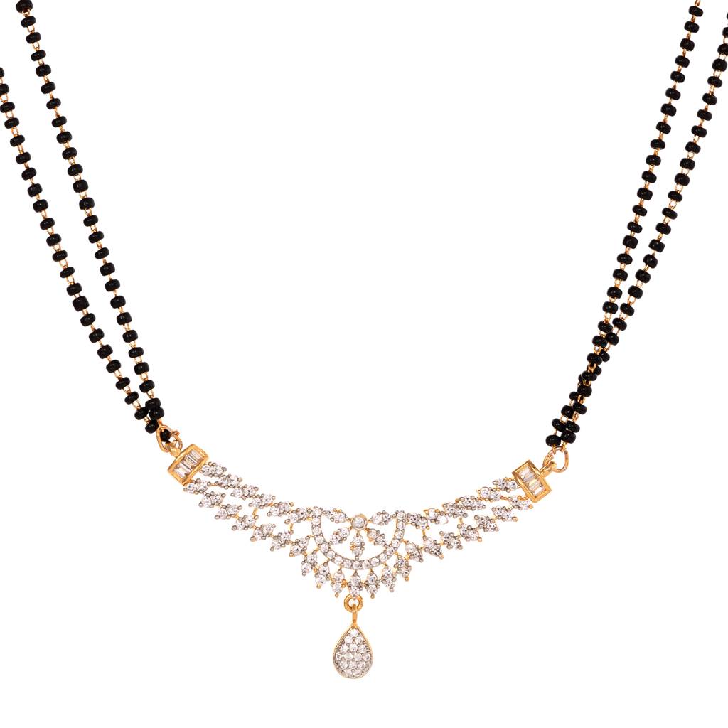 Gold Plated Black & White Ad -Studded & Beaded Mangalsutra With Matching Earrings : SJMS1376