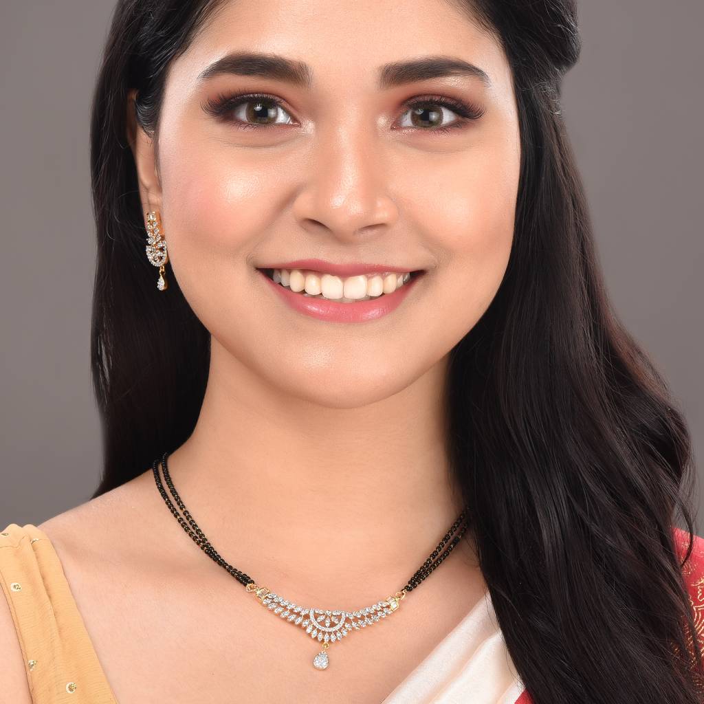Gold Plated Black & White Ad -Studded & Beaded Mangalsutra With Matching Earrings : SJMS1376