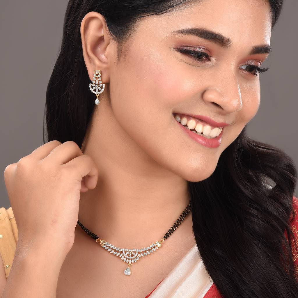 Gold Plated Black & White Ad -Studded & Beaded Mangalsutra With Matching Earrings : SJMS1376