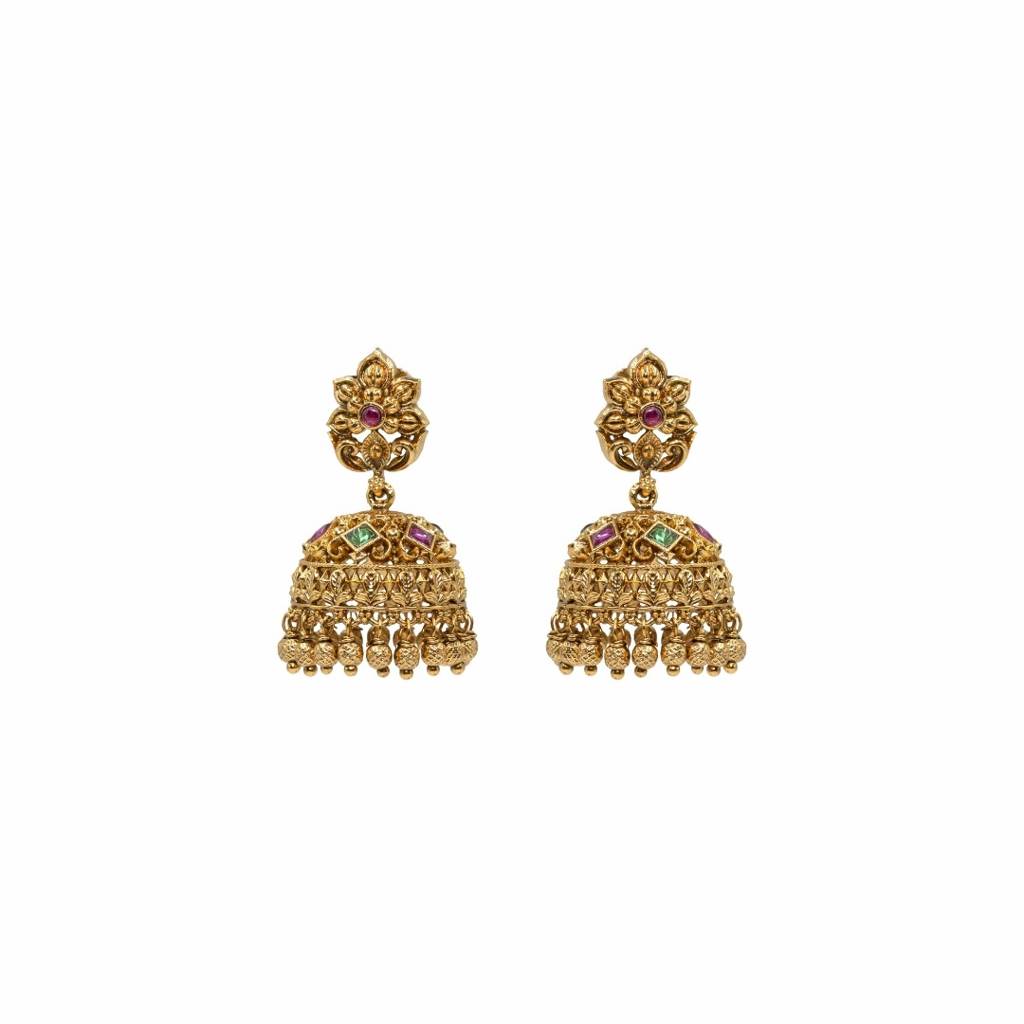 South Indian Temple Jewellery Bridal Jhumka Earrings In Antique Gold Finish : R-1297