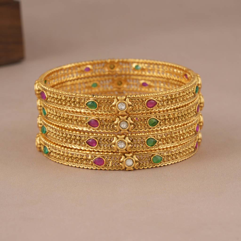 Beautiful Stone Gold Plated Bangle Set (Set Of 4) : SJ075