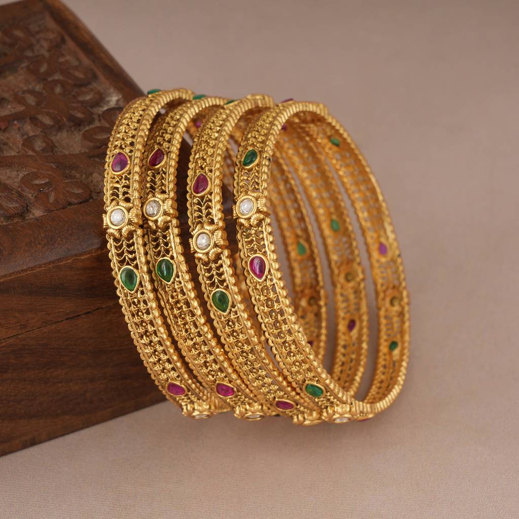 Beautiful Stone Gold Plated Bangle Set (Set Of 4) : SJ075
