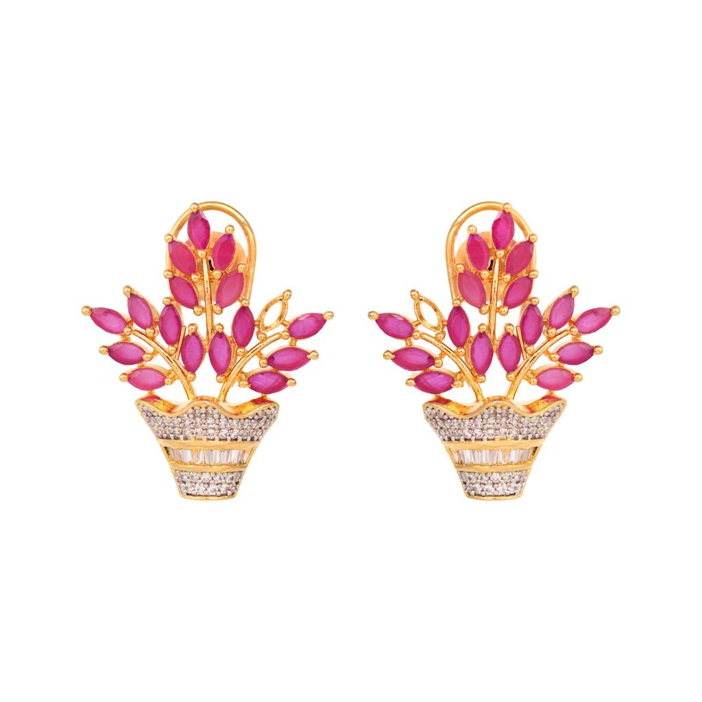 Gold Plated Red Ad Studded Flower Bouquet Shaped Stud Earrings : SJER1386