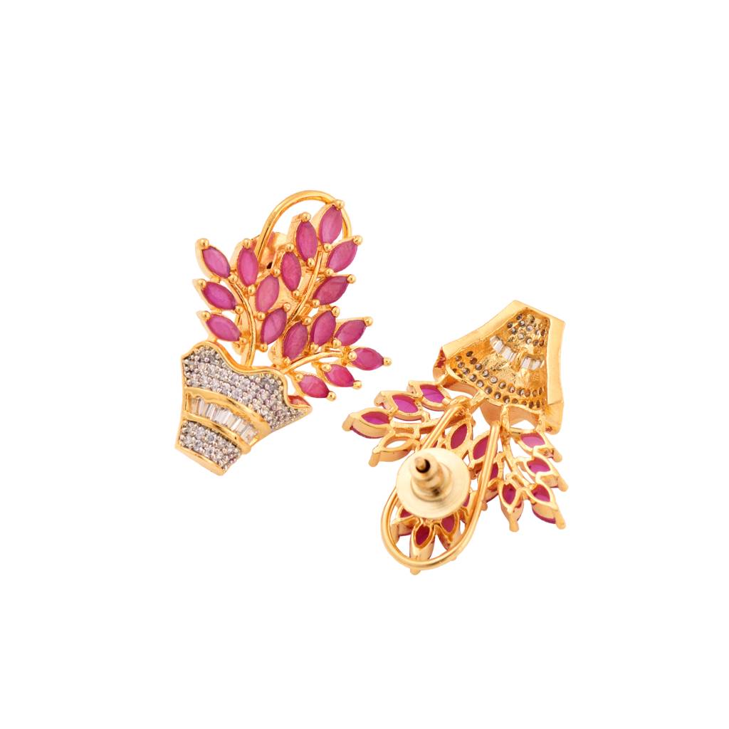 Gold Plated Red Ad Studded Flower Bouquet Shaped Stud Earrings : SJER1386