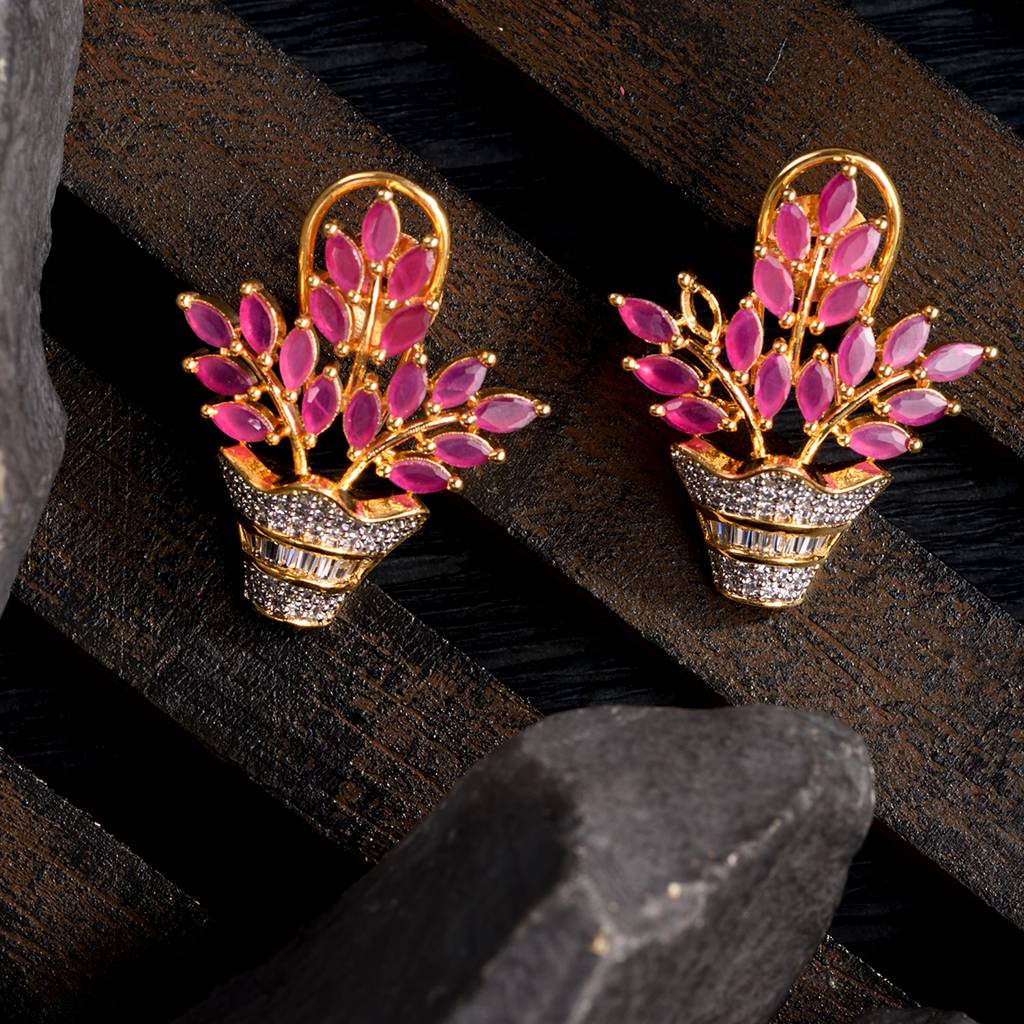 Gold Plated Red Ad Studded Flower Bouquet Shaped Stud Earrings : SJER1386
