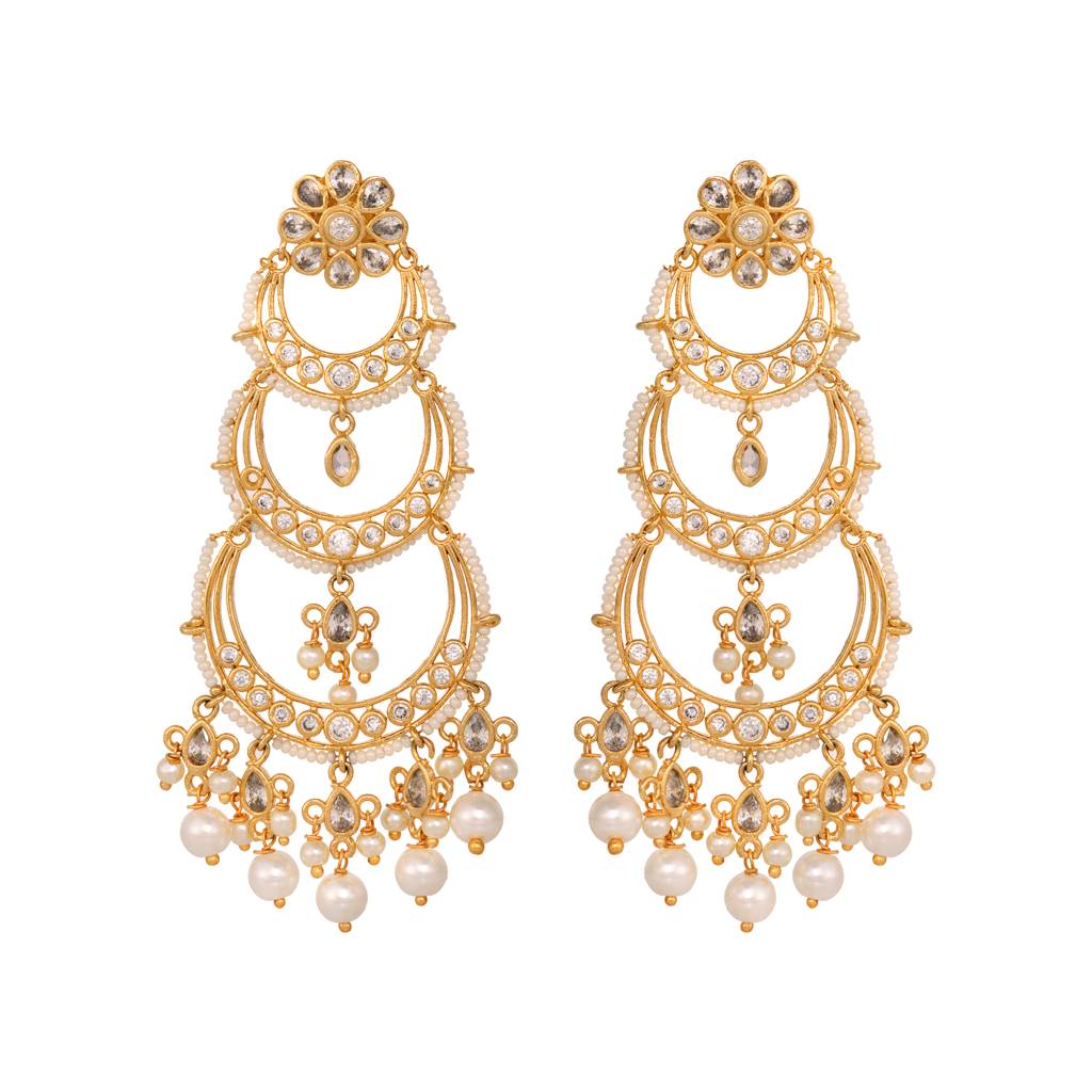 Gold Plated White Ad Studded Pearl Drop Contemporary Long Chandbali Earrings : SJER1387