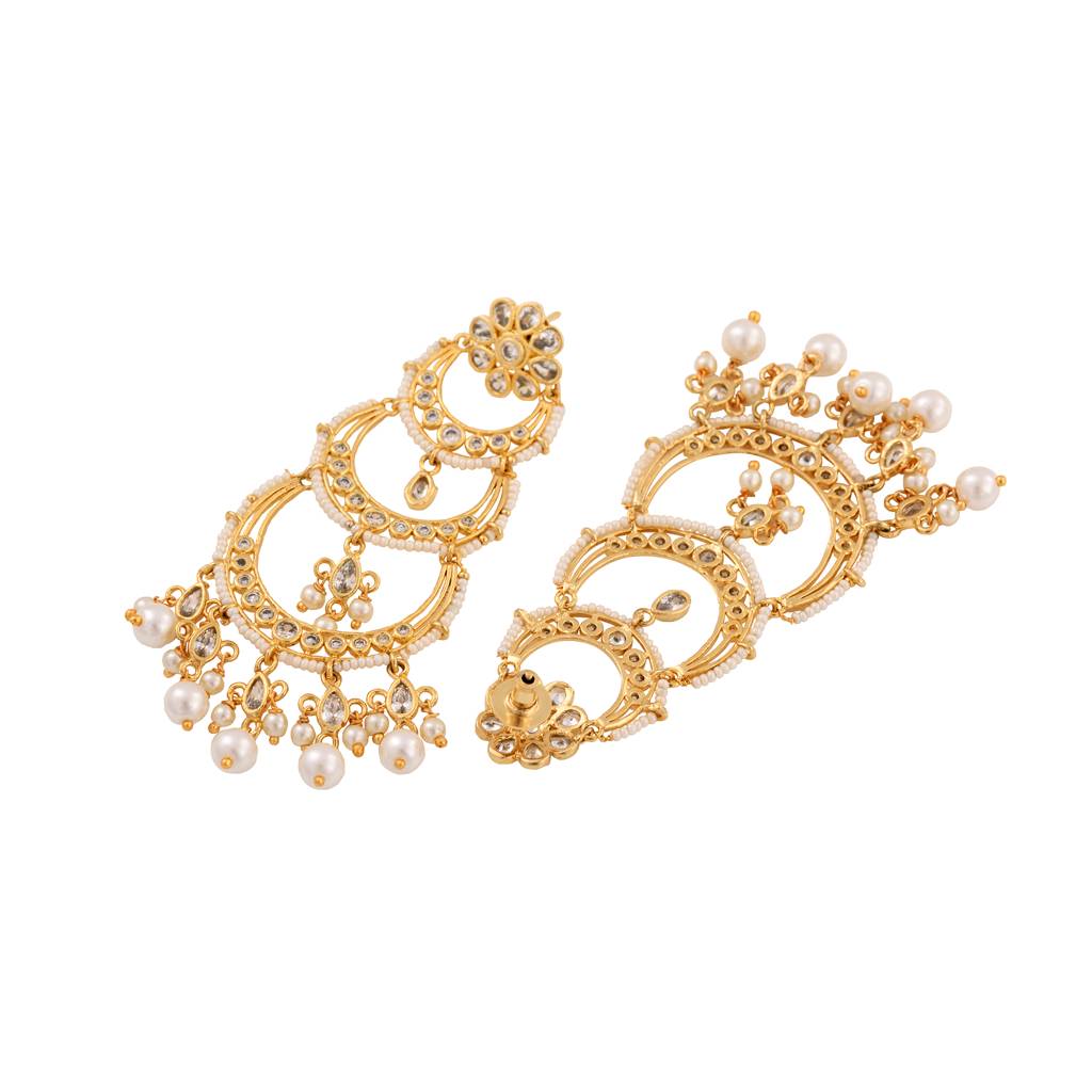 Gold Plated White Ad Studded Pearl Drop Contemporary Long Chandbali Earrings : SJER1387