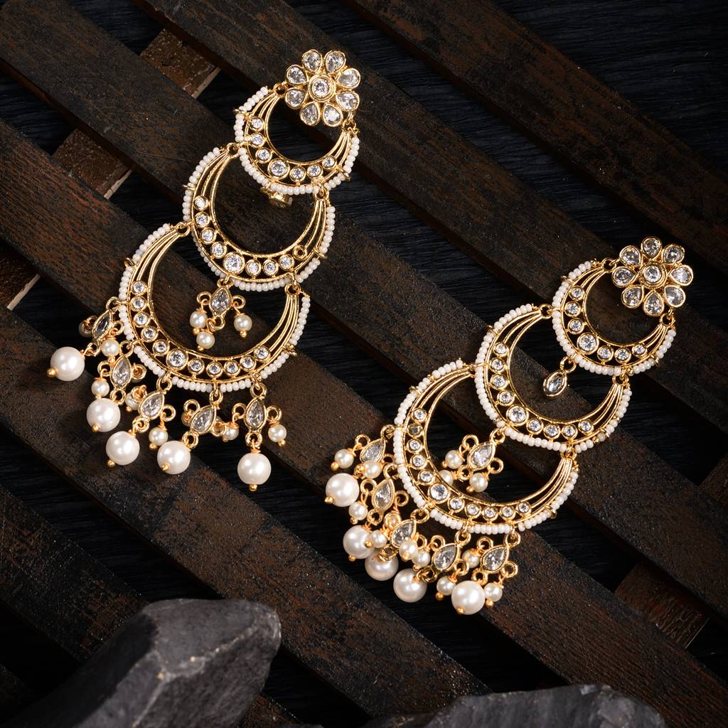 Gold Plated White Ad Studded Pearl Drop Contemporary Long Chandbali Earrings : SJER1387