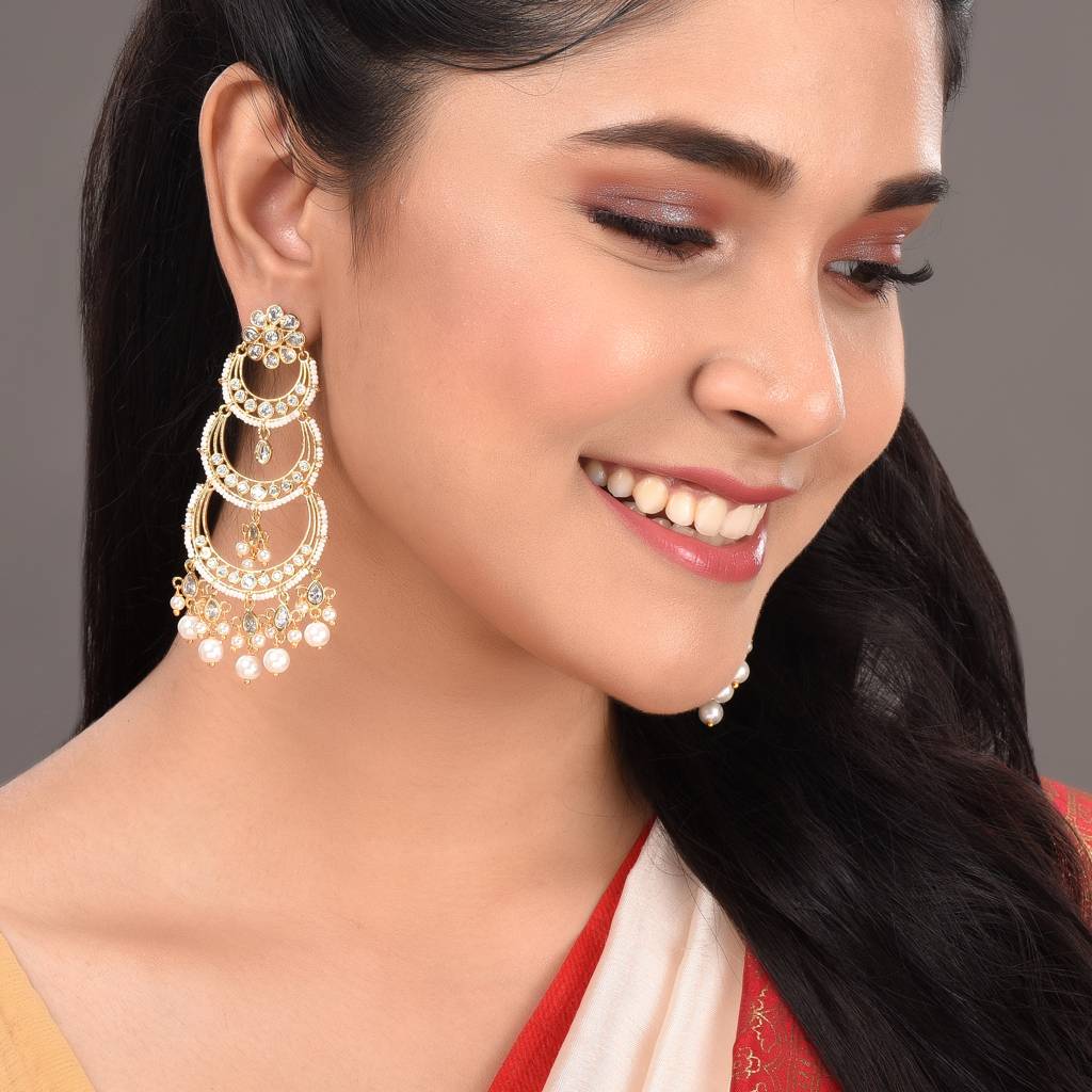 Gold Plated White Ad Studded Pearl Drop Contemporary Long Chandbali Earrings : SJER1387