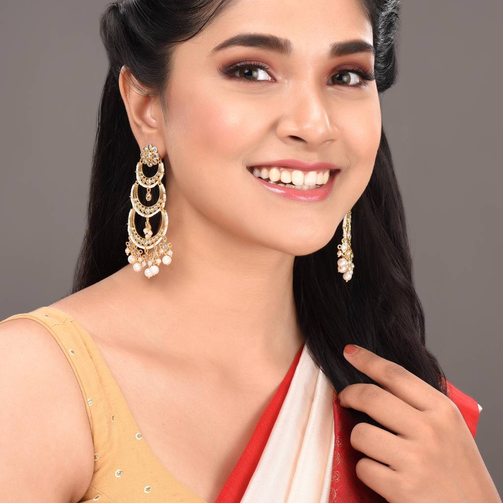 Gold Plated White Ad Studded Pearl Drop Contemporary Long Chandbali Earrings : SJER1387