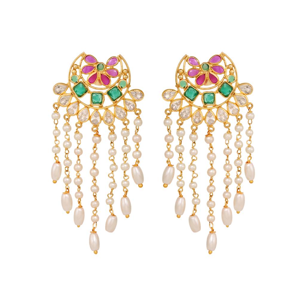 Gold Plated Red & Green Ad Studded Crescent Shaped Long Pearls Drop Earrings : SJER1388