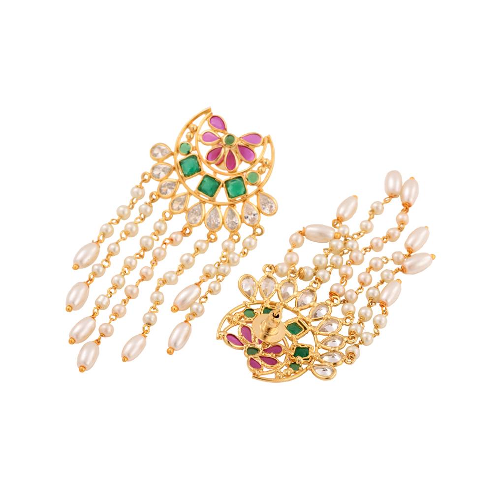 Gold Plated Red & Green Ad Studded Crescent Shaped Long Pearls Drop Earrings : SJER1388