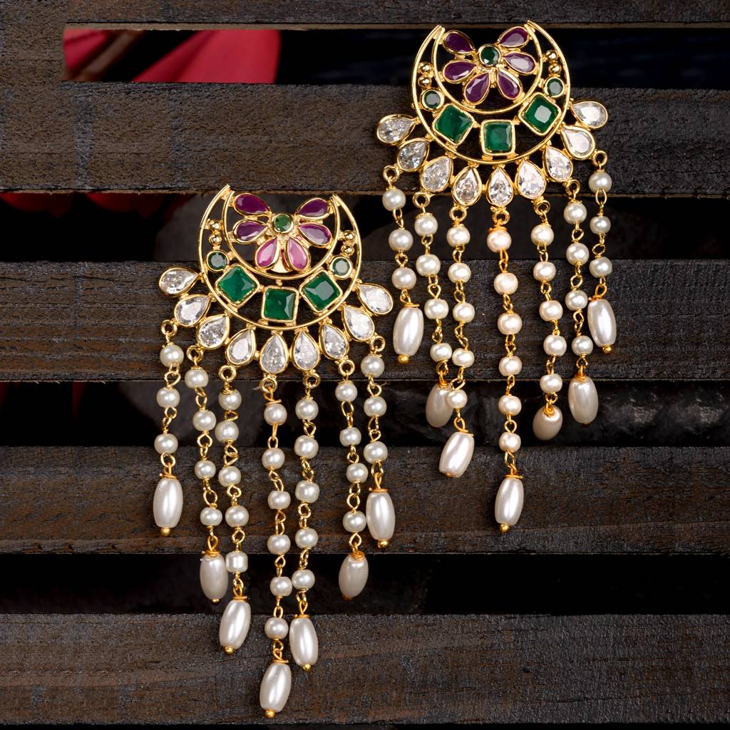 Gold Plated Red & Green Ad Studded Crescent Shaped Long Pearls Drop Earrings : SJER1388